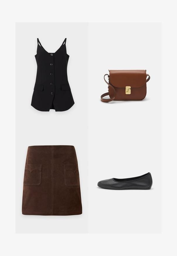 Top senza maniche nero con scollatura a V, sei bottoni frontali, due tasche laterali e spalline testurizzate. Tessuto liscio con vestibilità su misura.; Gonna in suede marrone con una classica forma a campana, due tasche frontali con alette arrotondate e dettagli di cucitura sottili.; Pantofole da balletto nere in pelle con punta arrotondata, texture liscia, dettagli di cucitura minimi e design con suola flessibile.; Borsa a tracolla in pelle marrone con chiusura a pattina, hardware color oro, tracolla e una finitura liscia. Forma rettangolare compatta.