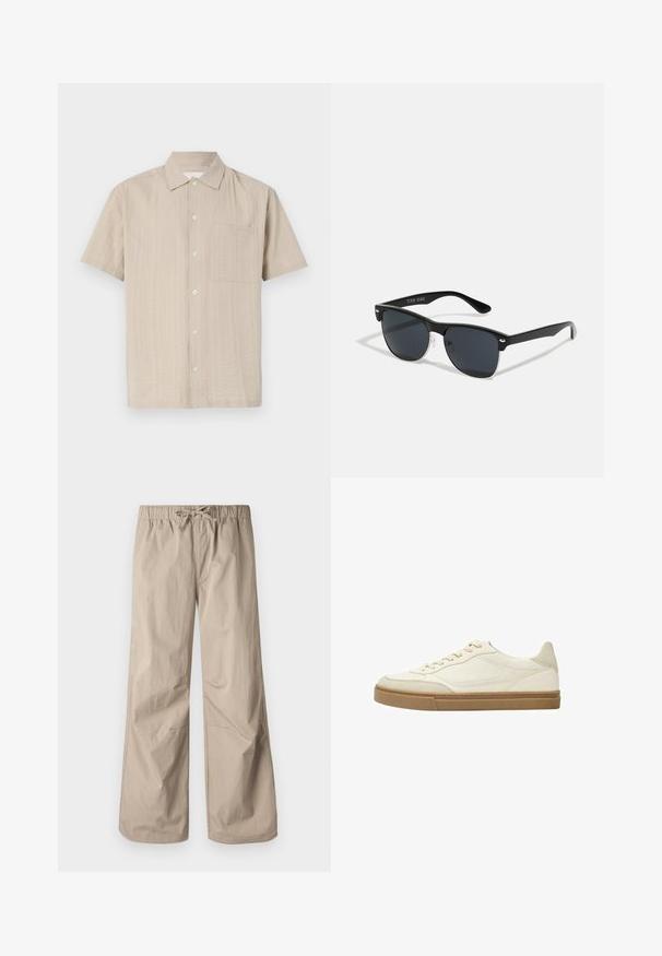 Koszula z krótkim rękawem w jasnobezowym materiale z teksturowanym wzorem, z guzikowym zapięciem i naszywaną kieszenią po lewej stronie klatki piersiowej. Klasyczny krój kołnierzyka.; Beżowe spodnie typu wide-leg z elastycznym pasem i sznurkiem. Gładka tekstura, dwie boczne kieszenie i minimalne szwy zapewniające luźny krój.; Białe skórzane sneakersy niskie z beżowymi akcentami i teksturowaną gumową podeszwą. Posiadają tonalne szwy i zaokrąglony design nosa.; Czarne okulary przeciwsłoneczne o prostokątnym kształcie, ciemnych soczewkach, srebrnych akcentach na zausznikach oraz matowym wykończeniu oprawki.; Biała perłowa naszyjnik o jednolitym, okrągłym kształcie, gładkiej powierzchni oraz metalowym zapięciu z przedłużanym łańcuszkiem dla regulowanej długości.