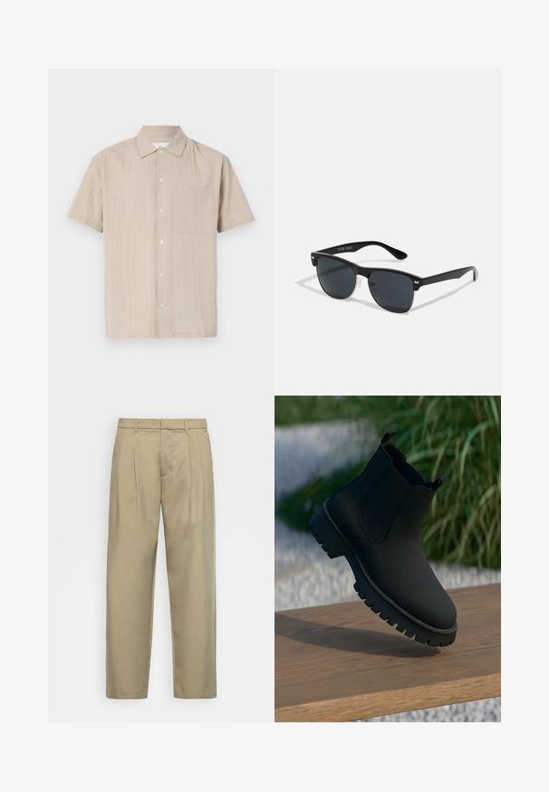 Koszula z krótkim rękawem w jasnobezowym materiale z teksturowanym wzorem, z guzikowym zapięciem i naszywaną kieszenią po lewej stronie klatki piersiowej. Klasyczny krój kołnierzyka.; Beżowe, wysokie spodnie o prostym kroju, z płaskim przodem, bocznymi kieszeniami i gładkim, teksturowanym materiałem.; Czarne botki za kostkę o gładkim wykończeniu, z elastycznymi bocznymi panelami i grubą, solidną podeszwą. Umieszczone na naturalnym tle na drewnianej powierzchni.; Czarne okulary przeciwsłoneczne o prostokątnym kształcie, ciemnych soczewkach, srebrnych akcentach na zausznikach oraz matowym wykończeniu oprawki.
