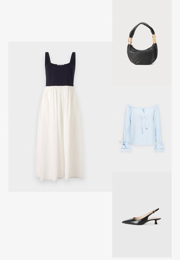 Svijetloplava bluzica s otkrivenim ramenima, izrađena od mekanog materijala. Ima vezice na vratu i šire rukave s naborima na manžetama.; Tamno plava bezrukavna haljina sa kvadratnim izrezom, s bijelom skupljanom suknjom. Izrađena od laganog materijala, s vidljivim šavovima na rubu.; Crne kožne slingback cipele s potpeticom u obliku mačke, s šiljastim vrhom i zlatnom kopčom na bočnom remenu, na bijeloj pozadini.; Crna kožna torba s okruglim oblikom, mekim teksturom i čvorastom ručkom s zlatnim metalnim detaljima. Zatvaranje na patentni zatvarač.