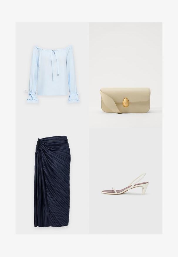 Lichtblauw, off-the-shoulder top van een zachte stof. Bevat strikjes bij de halslijn en bell mouwen met geplooide details bij de manchetten.; Marineblauwe geplooide midi-rok met gatherede textuur bij de taille, voorzien van verticale plooien en een gladde afwerking, ontworpen in een aansluitende silhouet.; Witte slingback sandalen met een lichte hak, dunne banden en een gladde leren textuur; voorzien van een kleine decoratieve gesp.; Beige leren handtas met een gladde textuur, rechthoekige vorm en een gouden ovale sluiting. Beschikt over een lange, verstelbare schouderband.