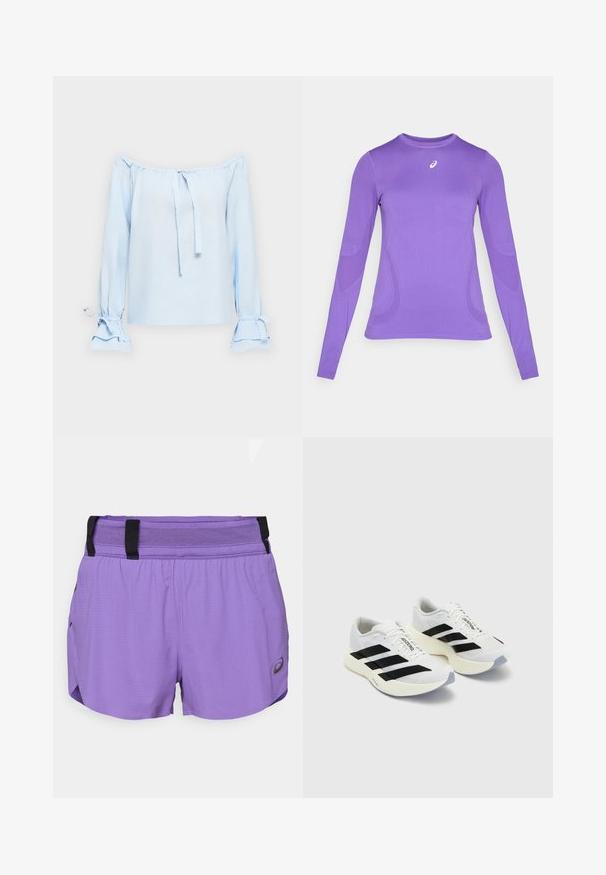 Lichtblauw, off-the-shoulder top van een zachte stof. Bevat strikjes bij de halslijn en bell mouwen met geplooide details bij de manchetten.; Langemouwen sporttop van lichtpaarse stof, met een aansluitend ontwerp, ronde hals en subtiele textuur met logo-detail op de borst.; ASICS METARUN SPLIT SHORT - Korte broeken - edo purple; Witte sportieve schoenen met zwarte strepen en branding, met een bovenkant van mesh, een ronde neus en een dikke crème zool voor demping.