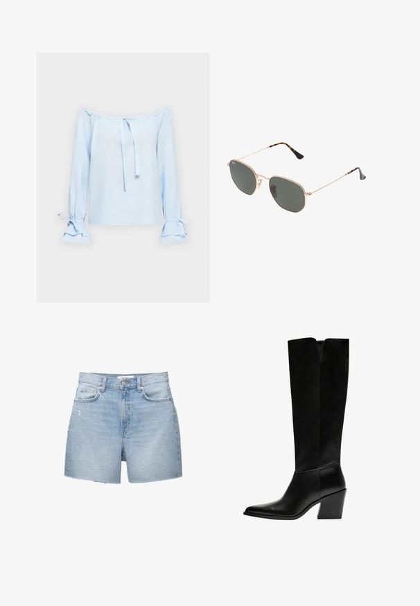 Lichtblauw, off-the-shoulder top van een zachte stof. Bevat strikjes bij de halslijn en bell mouwen met geplooide details bij de manchetten.; Lichtblauwe denimshorts met rafelige zomen, vijf zakken en een knoopsluiting. De stof heeft een vervaagde was en lichte slijtage.; Zwarte laarzen tot de knie van soepel leer, met een puntige neus, een blokhak en een V-vormige uitsparing aan de bovenkant.; Gouden metalen zonnebril met donkergroene lenzen, aviator-stijl, met slanke scharnieren en schildpad-accenten op de uiteinden.