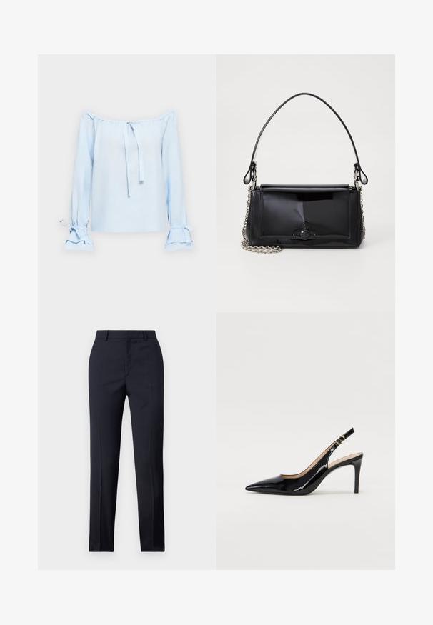 Lichtblauw, off-the-shoulder top van een zachte stof. Bevat strikjes bij de halslijn en bell mouwen met geplooide details bij de manchetten.; Marineblauwe, op maat gemaakte broek met een rechte snit, met een gladde textuur, twee zijzakken en een schone tailleband.; Zwarte gepatineerde leren slingback pump met een puntige neus, slanke hak en een subtiel uitgesneden ontwerp. Bevat een gouden gesp op de band.; Zwart gepatineerd leren handtas met een rechthoekige vorm, kettingband en een opvallend hardwareaccent in het midden. Gladde textuur.