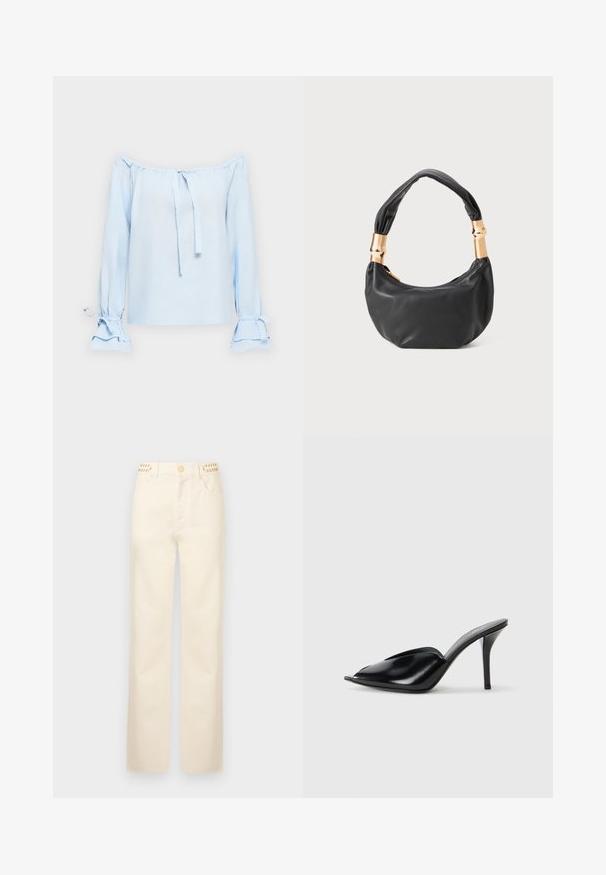 Světle modrý top bez ramínek vyrobený z měkké látky. Obsahuje šňůrky u výstřihu a zvonové rukávy s řasením v manžetách.; Rabanne Džíny Straight Fit - off white denim; Černé kožené vysoké muly s otevřenou špičkou, špičatým designem, hladkým povrchem a štíhlým jehlovým podpatkem.; Černá kožená kabelka s kulatým tvarem, měkkou texturou a uzlovou rukojetí se zlatými kovovými detaily. Zapínání na zip.