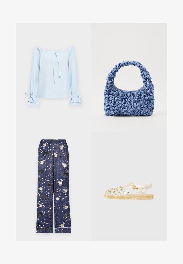 Top azzurro chiaro, senza spalle, realizzato in un tessuto morbido. Presenta dei lacci alla scollatura e maniche a campana con dettagli arricciati sui polsini.; Pantaloni da pigiama blu navy con vita elastica, caratterizzati da un motivo fantasioso di unicorni, costellazioni ed elementi celesti in tonalità vivaci.; Sandali glitterati dorati con una tomaia traslucida caratterizzata da borchie in metallo, punta chiusa, tallone aperto e una cinghia di sicurezza per una vestibilità sicura.; Borsa a mano in tessuto blu con una texture arricciata e manico spesso e ondulato. Presenta sottili motivi a strisce su tutta la superficie. Forma rettangolare compatta.