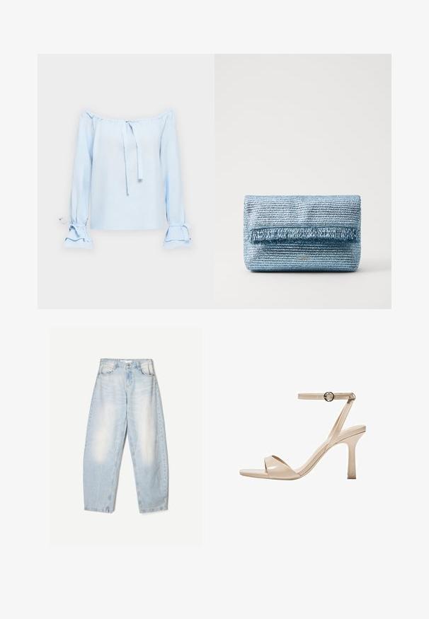 Top albastru deschis, cu umerii descoperiți, realizat dintr-un material moale. Dispune de fundițe la decolteu și mâneci clopot cu detalii strânse la mansete.; Jeanși din denim albastru deschis, cu o croială lejeră, având un finisaj decolorat, două buzunare frontale și o închidere cu nasture la talie.; Sandal cu toc înalt din piele patent nud, cu o curea subțire pentru gleznă și o cataramă circulară, design cu vârful descoperit și un toc stiletto subțire.; Geantă de mână împletită de culoare albastru deschis, cu un finisaj texturat și detalii din franjuri pe față. Prezintă o formă rectangulară elegantă și un branding subtil.
