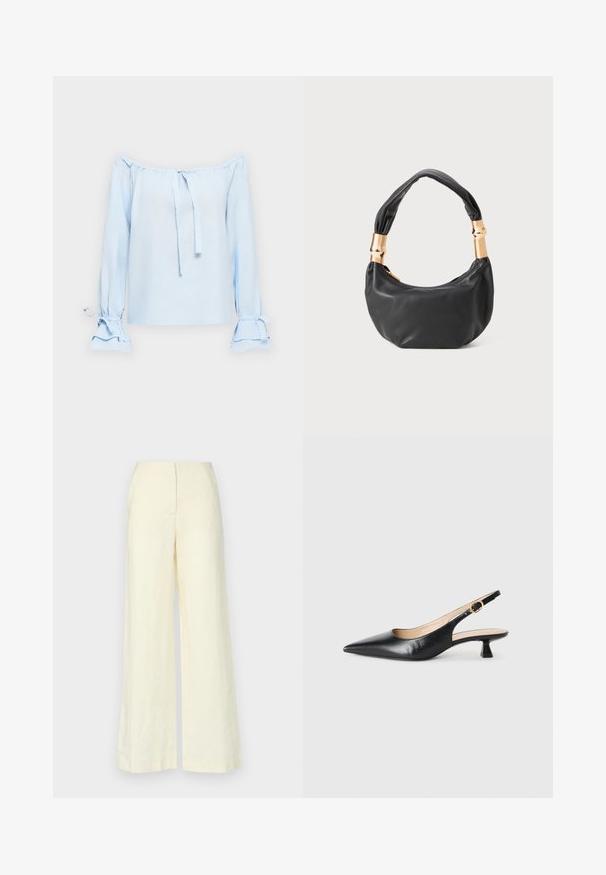 Helles blaues, schulterfreies Oberteil aus einem weichen Stoff. Mit Bändern am Ausschnitt und Glockenärmel mit gerafften Details an den Manschetten.; Faithfull the brand LULEA PANT - Stoffhose - white; Schwarze Leder-Slingback-Kitten-Heel-Schuhe mit spitzem Zehenbereich und goldener Schnalle am Seitenriemen, auf weißem Hintergrund.; Schwarze Lederhandtasche mit runder Form, weicher Textur und einem geknoteten Griff mit goldfarbenen Hardware-Akzenten. Reißverschlussverschluss.