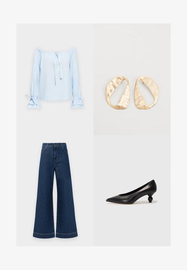 Light blue, off-the-shoulder top in a soft fabric. Features ties at the neckline and bell sleeves with gathered detailing at the cuffs.; Wide-leg blue denim jeans with a high waist, featuring a button closure, belt loops, and subtle stitching details along the pockets and hems.; Black leather high heel shoe with a pointed toe and a round, balled heel. Smooth texture with a sleek, minimal design.; Pair of irregular oval-shaped gold-toned metal earrings with a textured, slightly hammered surface on a white background.