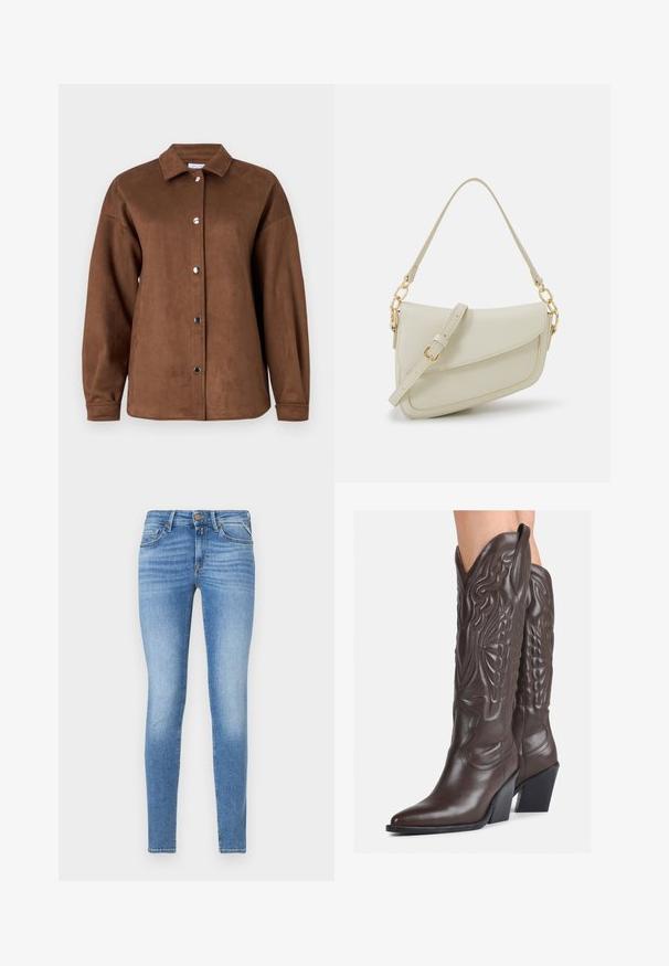 Hnedá koženka z falošnej zamše s golierom, dlhými rukávmi a patentnými gombíkmi. Hladká textúra a voľný strih.; Úzke modré denimové džínsy s mierne zvýšeným pásom, predným gombíkom a dizajnom s piatimi vreckami.; Hnedé kožené kovbojské topánky s špicatou špičkou a blokovým podrážkou, so zložitým prešívaním a vyvýšenými akcentmi na puzdre.; Malá krémová kabelka s textúrovaným povrchom, dlhým nastaviteľným popruhom, reťazovým detailom a klopovým uzáverom. Zlaté kovové prvky.; Zlaté kruhové náušnice, štyri kusy, hladký povrch, zaoblený dizajn, rôzne veľkosti, s pántovým uzáverom pre jednoduché nosenie.