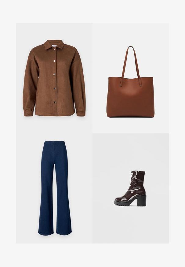 Hnedá koženka z falošnej zamše s golierom, dlhými rukávmi a patentnými gombíkmi. Hladká textúra a voľný strih.; Tmavomodré rozšírené džínsy vyrobené z denimu s elastickým pásom. Majú hladkú textúru a široký strih, ktorý sa rozširuje až k spodnému okraju.; Lesklé burgundské kotníkové boty s robustním černým podpatkem, s hladkou strukturou a jednoduchým designem. Bez viditelných zapínání nebo vzorů.; Hnedá kožená taška na rameno s hladkou textúrou, otvoreným vrchom a dvoma ramenými popruhmi. Má minimálne šitia a žiadne viditeľné kovania.