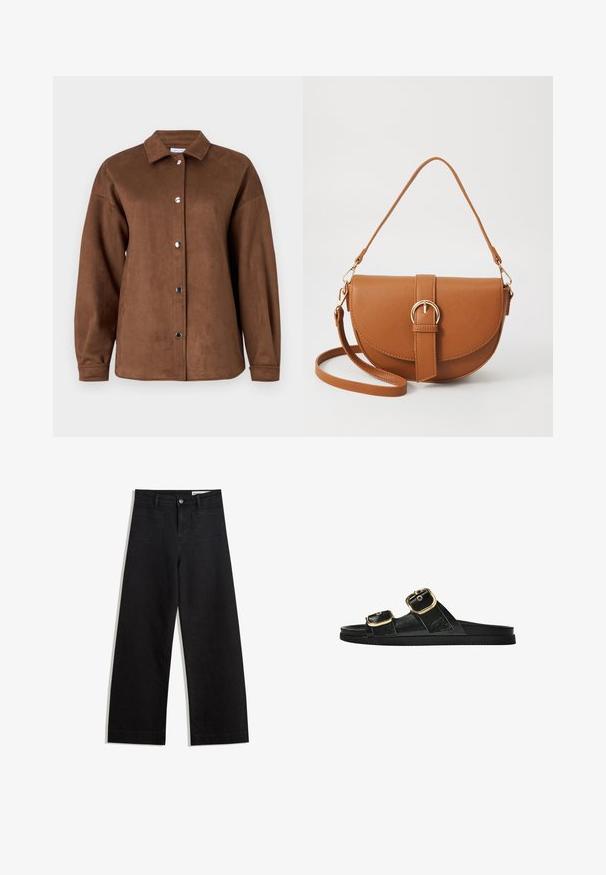 Barna műsuéd ingdzseki, gallérral, hosszú ujjakkal és patent gombokkal. Sima textúra és kényelmes szabás.; Fekete, bő szabású farmernadrág magas derékkal, elülső és hátsó zsebekkel, varrott felületekkel és gombos záródással. Sima textúra.; Fekete csúszó szandál, két arany csattal, sima textúrájú anyagból, lapos talppal és minimalista dizájnnal.; Barna bőr keresztbody táska ívelt formával, aranyszínű fémrészekkel és csat díszítéssel. Levehető vállpánttal rendelkezik.
