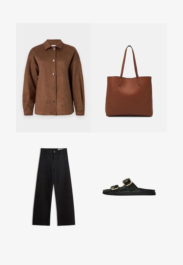 Giacca camicia in finta suede marrone con colletto, maniche lunghe e chiusura a bottoni a pressione. Texture liscia e vestibilità rilassata.; Pantaloni in denim neri a gamba larga con vita alta, dotati di tasche anteriori e posteriori, cuciture a punto, e chiusura con bottone. Texture liscia.; Infradito neri con due accenti di fibbia dorata, materiale dalla texture liscia, suola piatta e design minimalista.; Borsa tote in pelle marrone con texture liscia, design con apertura superiore e due spallacci. Presenta cuciture minime e nessun hardware visibile.