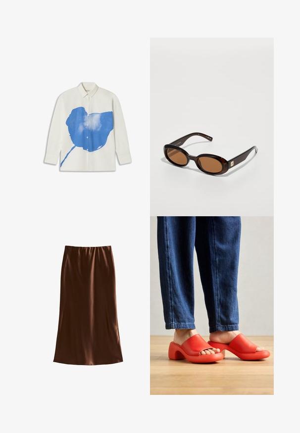 Thinking Mu JUANA - Overhemdblouse - white; Bruine satijnen midi-rok met een elastische tailleband, een gladde textuur en een rechte silhoeët, ontworpen voor een relaxed fit.; Rode gevormde slip-on sandalen met een open teen, voorzien van een ronde, chunky hak en een gladde textuur. Gecombineerd met blauwe denim broek.; Bruine schildpadzonnebril met ovale lenzen, met een dunne montuur en een kleine metalen accent aan de zijkant. Geverfd en gepolijst afwerking.; Beige suede handtas met een afgeronde vorm, voorzien van drie geplooide zakken op de voorkant en een enkele verstelbare schouderband.