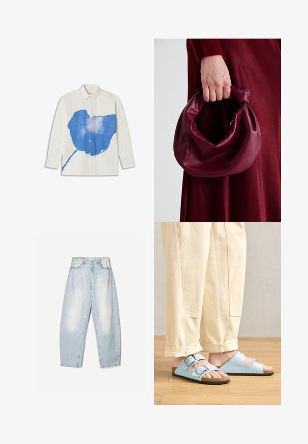 Thinking Mu JUANA - Blúzka so zapínaním na gombíky - white; Svetlomodré džíny s voľným strihom, so zovretým vzhľadom, dvomi prednými vreckami a gombíkovým zapínaním na páse.; Svetlomodré sandále s otvorenou špičkou a dvojitými prackami, s korkovou stielkou a čiernou gumovou podrážkou, skombinované s krémovými nohavicami s širokými nohavicami.; Burgundská kožená kabelka s mäkkým, zhromaždeným dizajnom a zaobleným tvarom. Rukoväť je pevne zaisťujúca a vystavuje hladkú textúru.