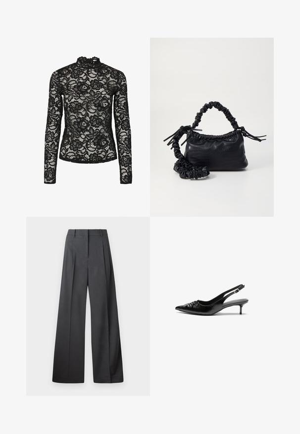 Svart blonde topp med lange ermer, høy hals med rynket kant, blomstermønster og gjennomsiktig tekstur. Designet for en tettsittende silhuett.; Vide bukser i mørkegrått stoff med høy livlinje, enkel press, og en glatt tekstur med en ren finish på ermekantene.; Svarte lær slingback-hæler med spiss tå, lav kitten-hæl og samlet detalj på vristen. Jevn tekstur og minimalistisk design.; Svart faux skinn-håndveske med krokodilletekstur, strammet topp og en rynket stropp. Ser myk og kompakt ut i designen.