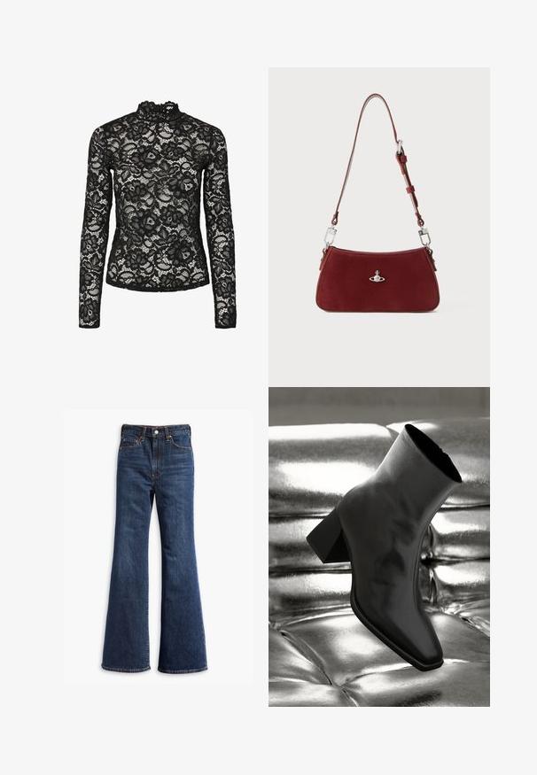 Juodas nėriniuotas ilgomis rankovėmis viršus su aukštu apykakle ir raukšlėtu kraštu, gėlių raštais ir skaidraus audinio tekstūra. Sukurtas prisitaikyti prie figūros.; Aukštos juosmens tamsiai mėlyni džinsai su pločio kojomis, priekinis mygtukas ir užtrauktukas, bei penkių kišenių dizainas.; Juodos kulkšnies botai, pagaminti iš blizgaus medžiagos, su kvadratine padu ir siauru kulnu, prieš blizgiai sidabrinį pūsto audinio foną.; Raudona zomšinė petnešinė rankinė su linkusia forma. Pabrėžia sidabrinio atspalvio akcentas ir reguliuojama petneša su detaliu apdorojimu. Lygi tekstūra.