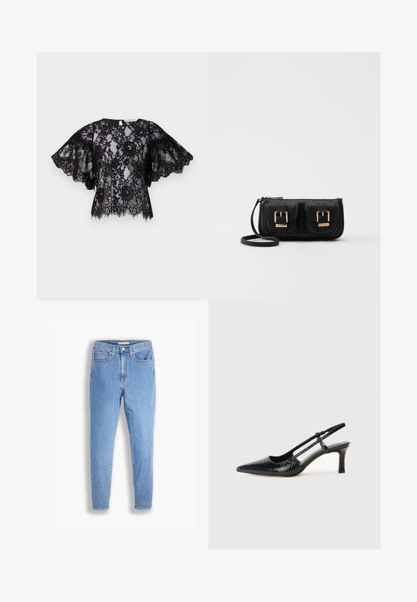 Fekete csipke felső, rövid, bővülő ujjal, kerek nyakkivágással és hullámos szegéllyel. A áttetsző anyag bonyolult virágmintákat tár fel.; Világoskék, magas derekú, slim-fit farmernadrág elülső és hátsó zsebekkel, gombos csatlakozással és övhurkokkal, fehér háttér előtt.; Fekete lakk slingback sarok, hegyes orral, texturált kígyómintával, állítható pánttal és rövid, texturált tömbsarkal.; Fekete bőr keresztbody táska két elülső zsebbel, arany csattokkal, cipzáras záródással és vékony pánttal. Textúrált felület és kompakt téglalap alak.; Aranyszínű fémből készült karika fülbevalók ívelt, hosszúkás formával. Simaságával és fényes felületével, valamint lekerekített végével további részletekkel bővül.