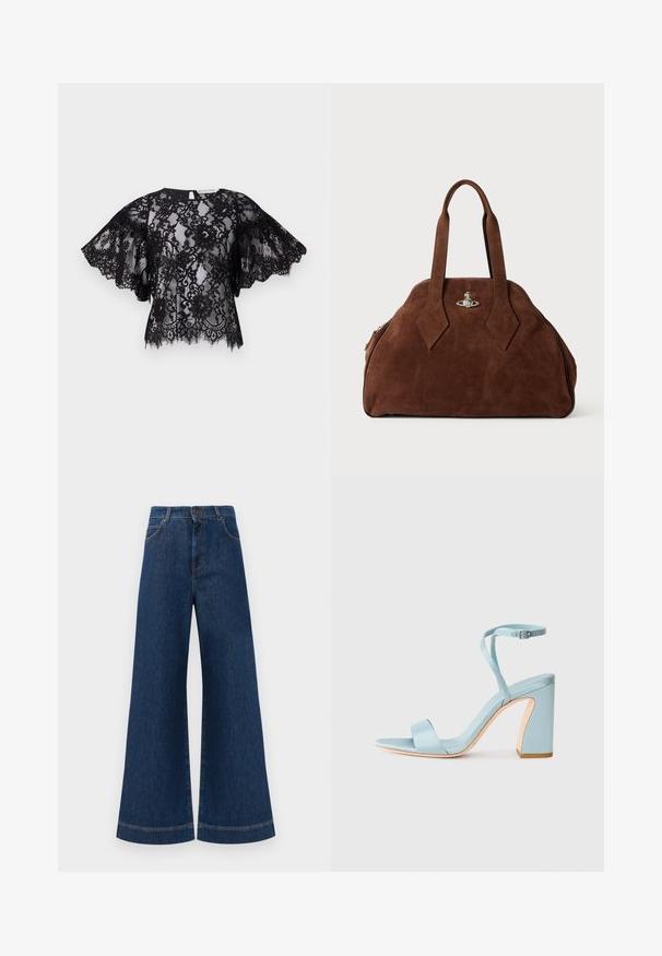 Juodas nėrinių viršus su trumpomis, išlenktomis rankovėmis, apvaliu kaklu ir banguotu sijonu. Skaidrus audinys atskleidžia sudėtingus gėlių raštus.; Plati mėlynos džinsinės kelnės su aukštu liemeniu, turinčios mygtukų užsegimą, diržo kilpas ir subtilius siuvinėjimo akcentus ant kišenių bei apdailos.; Šviesiai mėlynos satino aukštakulnės šlepetės su kvadratiniu pirštu, kulkšnies dirželiu ir storu blokuotu kulnu. Lygus paviršius ir minimalistiškas dizainas.; Ruda zomšo rankinė su struktūrine forma, apvaliu kūnu ir pailgom rombo formos rankenom. Yra sidabro spalvos uždarymo mechanizmas.