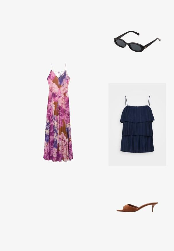 Navyblauwe mouwloze top met drie gelaagde ruffles en dunne verstelbare spaghettibandjes. Gemaakt van een gestructureerde stof met verticale plooien.; Florale maxi-jurk met een mix van paarse en bruine tinten, lichtgewicht stof, dunne spaghetti-bandjes en een vloeiende silhouette.; Bruine suède open-toe mules met een gebogen ontwerp, voorzien van een lage stiletto hak en een strakke, minimalistische uitstraling.; Zwarte oversized zonnebril met ovale lenzen, een glad plastic montuur en gouden accenten op de pootjes. Donkere lenzen bieden bescherming tegen de zon.; Geweven stro handtas met bamboe handvatten, met een textuur franje ontwerp in natuurlijk beige en een gouden ketting schouderband.