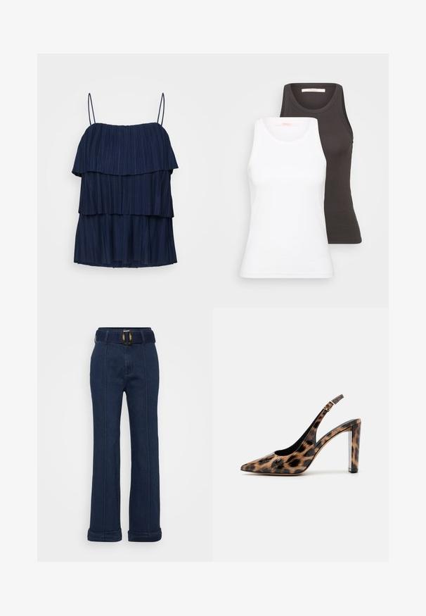 Navy blue sleeveless top with three layered ruffles and thin adjustable straps. Made from a textured fabric with vertical pleats.; Two tank tops in white and dark gray, featuring a ribbed texture, round necklines, and sleeveless design. Labels are on the inside neckline.; Dark blue denim trousers with a wide leg design, featuring a belt with a large metallic buckle and visible stitching accents.; Leopard print slingback pump with a pointed toe and transparent block heel. Made of glossy material with a smooth texture.