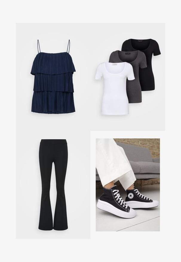 Merkkihenkinen tummansininen hihaton paita, jossa on kolme kerrosta röyhelöitä ja ohuet säädettävät hihnat. Valmistettu teksturoidusta kankaasta, jossa on pystysuorat poimutukset.; Kolme istuvaa T-paitaa valkoisena, harmaana ja mustana. Jokaisessa on leveä avara pääntie ja lyhyet hihat. Valmistettu sileästä ja joustavasta kankaasta.; Mustat leveät housut, jotka on valmistettu joustavasta kankaasta, ja joissa on korkea vyötärö sekä sileä pinta. Housut levenevät polven kohdalla.; Mustat kangaskengät korkealla varrella, joissa on valkoiset kumipohjat ja nauhat. Sivussa on pyöreä logo ja kontrastiväriset valkoiset tikkausommellut.