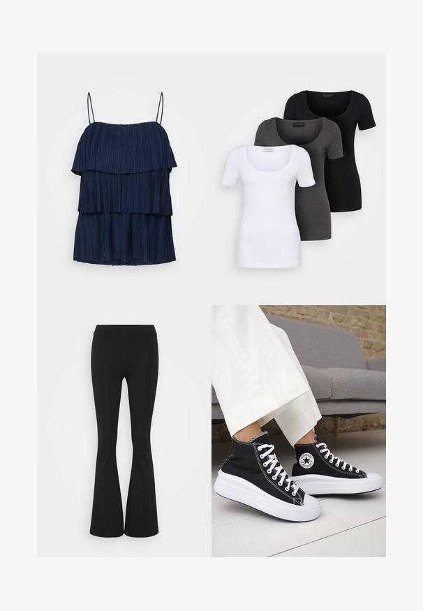 Navy blue sleeveless top with three layered ruffles and thin adjustable straps. Made from a textured fabric with vertical pleats.; Three fitted T-shirts in white, gray, and black. Each features a wide scoop neckline and short sleeves. Made from smooth, stretchy fabric.; Black flared pants made of stretchy fabric, featuring a high waistband and a smooth texture. The pants flare out from the knee.; Black high-top sneakers with white rubber soles and laces. Features a round logo patch and contrasting white stitching. Canvas material.