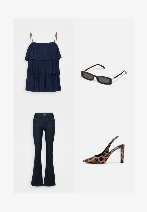 Mörkblå ärmlös topp med tre lager volanger och tunna justerbara band. Tillverkad av ett texturerat tyg med vertikala veck.; Mörkblå utsvängda jeans i denim, med hög midja, fem fickor och kontrasterande sömmar längs kanterna. Slät textur.; Leopardmönstrad slingback-pump med spetsig tå och transparent blockklack. Tillverkad av glansigt material med en slät textur.; Svarta rektangulära solglasögon med mörka linser, glänsande plastbågar och guldiga detaljer på skalmarna. Minimalistisk design och strömlinjeformad form.