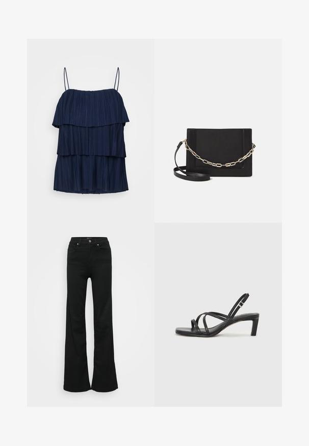 Tyrkysový bezrukávový top s třemi vrstvami volánů a tenkými nastavitelnými ramínky. Vyrobeno z texturované látky s vertikálními sklady.; Černé zvonové džíny vyrobené z denimu, s vysokým pasem, pěti kapsami a kovovým zapínáním. Hladká textura s minimálním zdobením.; Černé sandály na tenkém podpatku se čtveratou špičkou a nízkým blokovým podpatkem. Mají několik tenkých popruhů a nastavitelné zapínání okolo kotníku. Vyrobeny z hladké kůže.; Černá kožená crossbody taška s hladkým povrchem, obdélníkovým tvarem a kovovým řetízkem na přední straně. Součástí je nastavitelný popruh.; Stříbrné kruhové náušnice s elegantním, kulatým designem, s hladkým povrchem a bez viditelných ozdob. Průměr není specifikován.