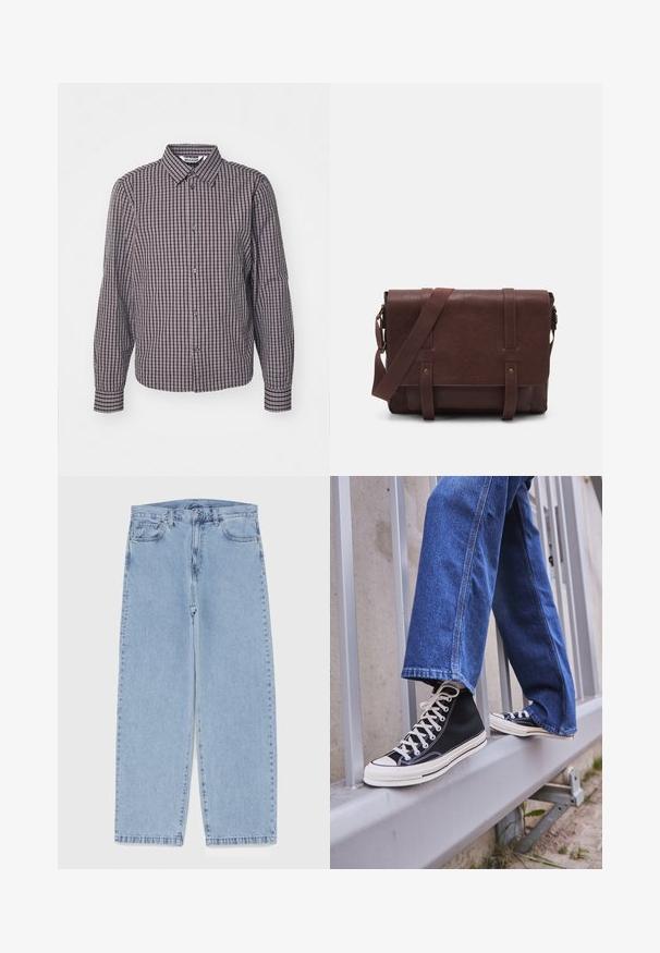 Chemise à manches longues avec un motif à carreaux vertical et horizontal bleu marine et bordeaux, col, et deux boutons à l'avant.; Débardeur en coton blanc avec un col rond, de larges bretelles et un ourlet droit, présentant une texture lisse et sans motifs visibles.; Jean en denim bleu clair avec une coupe droite, présentant une taille mi-haute, cinq poches, et une fermeture à bouton et à fermeture éclair.; Baskets montantes noires avec semelle et lacets blancs, associées à un jean en denim bleu décontracté, reposant sur un garde-corps gris.; Sac en cuir marron de style messager avec un rabat plat à l'avant, deux sangles, des accents en métal doré et une bandoulière adjustable.; Montre en acier inoxydable argenté avec un cadran rond vert, index horaires argentés, affichage de la date et bracelet en maillon métallique. Résistante à l'eau jusqu'à 50 mètres.