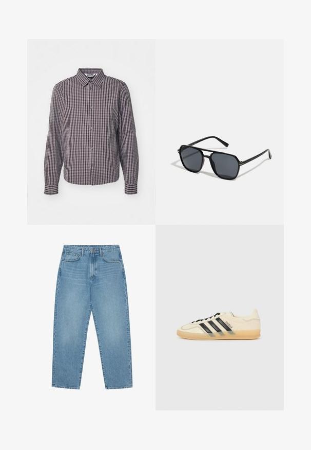 Camisa de botones con mangas largas, patrón de cuadros en azul marino y burdeos, cuello con solapa y dos botones en la parte delantera.; Jeans de denim azul claro de pierna ancha con cintura alta, que cuentan con cinco bolsillos, trabillas para cinturón y una textura suave y ligeramente deslavada.; Zapatillas de deporte de color crema claro con diseño de tres rayas negras, parte superior texturizada, punta redonda y suela de goma. Incluye cordones y logotipo en el lateral.; Gafas de sol negras con montura octogonal, lentes oscuros, acabado brillante, varillas delgadas y acentos dorados en la parte frontal.