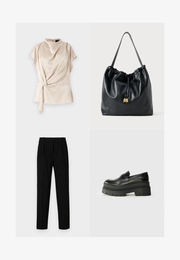 Top in satin beige con collo alto, maniche corte, con drappeggio davanti e dettaglio a fiocco laterale; texture liscia e orlo arrotondato.; Pantaloni neri su misura con vestibilità dritta, fronte plissettato, tessuto lucido e vita media. Nessuna tasca visibile o dettagli in metallo.; Mocassini neri in pelle con suola piatta spessa. Punta arrotondata, dettaglio della cucitura frontale e accenti di cucitura sottili. Suola piatta e testurizzata.; Borsa a tracolla nera in pelle con texture liscia, parte superiore arricciata e hardware dorato sottile. Presenta una tracolla robusta e un logo impresso.