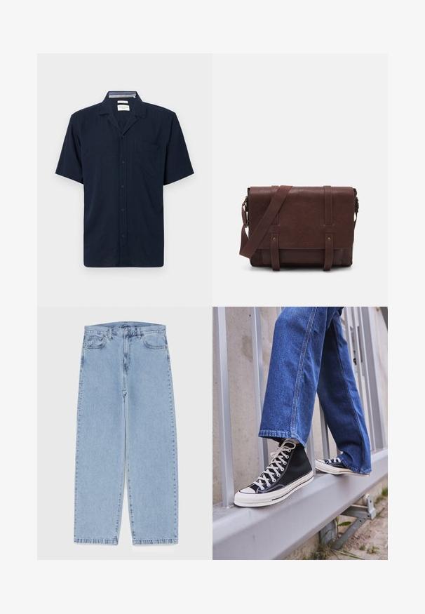 Camisa de mangas curtas em tecido azul marinho escuro, com colarinho, fecho de botões na frente e um único bolso no peito do lado esquerdo.; Jeans de denim azul claro com design de perna reta, apresentando uma cintura de altura média, cinco bolsos e um fecho de botão e zíper.; Ténis altos pretos com sola e atacadores brancos, combinados com jeans azul desgastado, repousando sobre um corrimão cinza.; Mala mensageiro de couro castanho com uma aba frontal plana, duas correias, detalhes em metal dourado e uma alça de ombro ajustável.