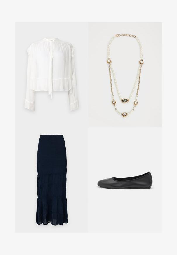 Vit långärmad blus i lätt tyg. Har en rynkad halsringning och manschetter, med en knytdetalj fram. Kort skuren design.; Mörkblå midikjol med smock och en flerskiktad, volangkant med texturerat tyg. Elastisk midja för justerbar passform.; Svart läderballerinaskor med rund tå, slät yta, minimala söm detaljer och en flexibel sula.; Pärlhalsband med gulddetaljer, tre stenbesatta inställningar och en flätad kedjedel. Färgpalett i vitt och guld.
