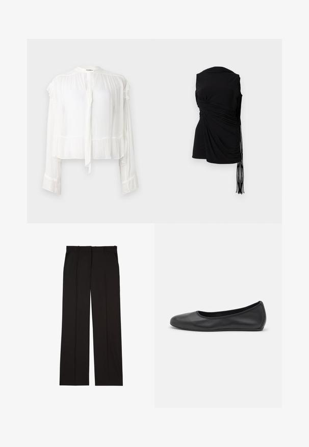 Weiße Bluse mit langen Ärmeln aus leichtem Stoff. Sie hat einen Rüschenausschnitt und Rüschen an den Ärmeln sowie eine Bindung vorne. Cropped-Design.; Schwarzes ärmelloses Oberteil mit drapierter Stoff, seitlicher Raffung und verlängerter Fransen-Detail, das eine glatte Textur und eine figurbetonte Silhouette hat.; Schwarze, maßgeschneiderte Hosen aus einem glatten Stoff, mit geradem Bein und zwei Seitentaschen. Elegante und minimalistische Konstruktion.; Schwarze Leder-Ballettschuhe mit abgerundeter Spitze, glatter Textur, minimalen Nähdetails und einem flexiblen Sohlen-Design.