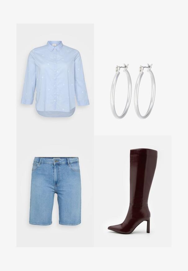 Gaiši zils kokvilnas krekls ar apkakli, garām piedurknēm, baltiem izšuvumiem ar loku, pogu aizdari un izliekta apakšmalu.; Gaiši zili denima šorti ar klasisku griezumu, kas aprīkoti ar priekšējo pogu aizdari, jostu cilpām un divām sānu kabatām. Gluda tekstūra un taisns apakšmala.; Even&Odd Zābaki - dark red; Sudraba riņķveida auss gredzeni ar gludu, pulētu apdari. Apaļa forma un drošs klikšķa augšējais slēgums. Viegls dizains, kas piemērots ikdienas valkāšanai.