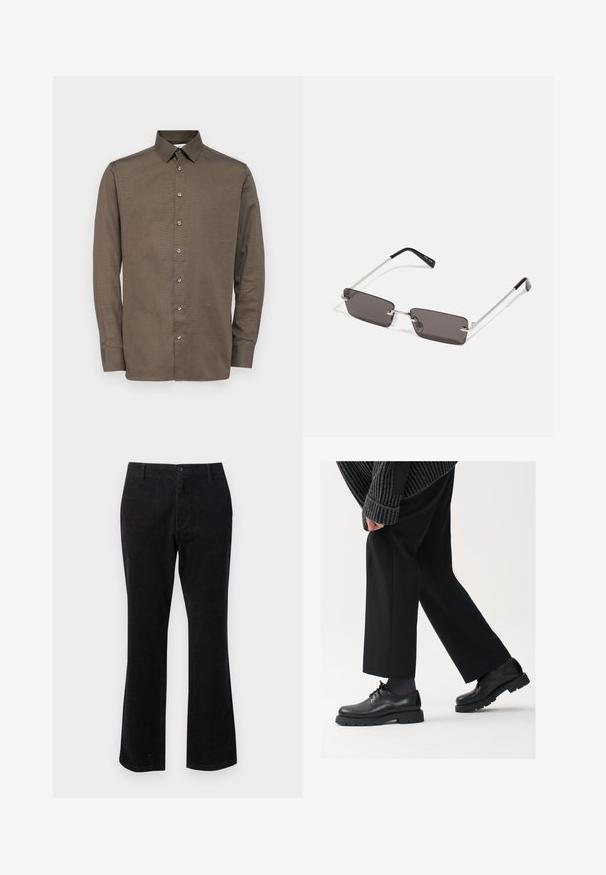 Selected Homme SLHSLIMSOHO SHIRT - Camisa - morel; Calças de veludo cotelê pretas com fundo alargado, apresentando um fecho frontal com botão e bolsos padrão para utilidade. Textura suave com nervuras verticais.; Sapatos de couro pretos com bico arredondado, design de atacadores e sola espessa e texturizada. Usados com calças pretas ajustadas e um suéter com nervuras.; Óculos de sol com lentes retangulares, cinzentas escuras, armações em metal prateado e pontas em plástico preto nas hastes. Design leve com almofadas para o nariz.