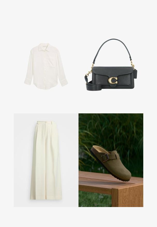 Biela, dlhá košeľa s gombíkmi vyrobená z textúrovanej látky. Obsahuje náprsné vrecko a zaoblený lem s uvoľneným strihom.; Široké nohavice v krémovej látke, so zvýšeným pásom, dvojitými záhybmi a gombíkovým zapínaním. Hladká textúra a strih, ktorý padne.; Olívovo-zelené semišové nazúvacie klobúky s prackou, vznášajúce sa nad drevenou lavicou s pozadím zelenej trávy a rastlín.; Čierna kožená kabelka s akcentmi zlatého hardvéru, s podpisovým zapínaním, odnímateľným ramenným popruhom a štruktúrovaným povrchom.