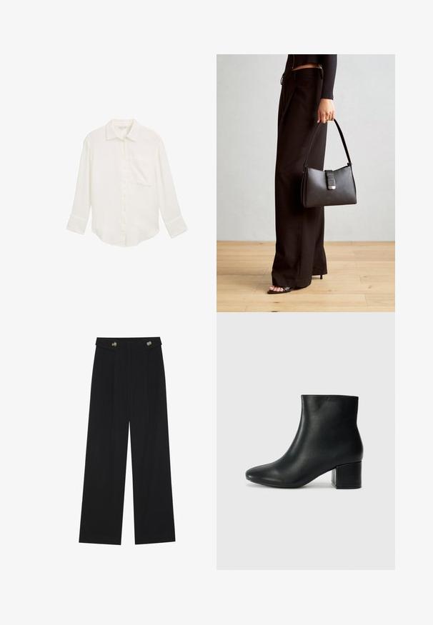 Bijela, košulja dugih rukava s gumbima, izrađena od teksturiranog materijala. Ima džep na prsima i zakrivljen rub s opuštenim krojem.; Crne hlače širokih nogavica s visokim strukom, s dugmadi na pojasu i prednjim nabora.; Crne kožne čizme do članaka s uskim vrhom i debelim potplatom. Glatka tekstura s minimalnim detaljima i elegantan, prilagođen dizajn.; Crna torba s oblikom koji sadrži strukturu, glađu teksturu i metalnu kopču. Uparena s širokim crnim hlačama i sandalama na otvorenom s drvenog poda.