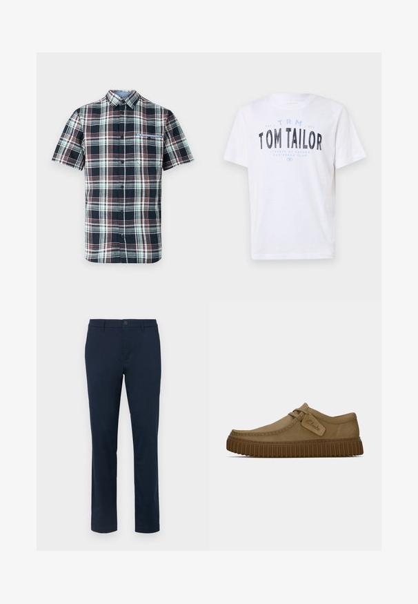 Camisa de cuadros de manga corta en azul marino, verde y burdeos con cierre de botones en la parte delantera, cuello y un bolsillo en el pecho. Tejido de algodón.; Camiseta de algodón blanca con cuello redondo y mangas cortas. Presenta texto impreso en azul y negro: “TOM TAILOR,” “STREETS OF HAVANA,” y números.; Chinos azul marino oscuro hechos de una tela suave. Diseño de pierna recta con un cierre de botón simple y trabillas para el cinturón. Sin patrones ni acentos visibles.; Zapatos de ante marrón claro con puntera redondeada, detalles de costura y una suela de goma marrón acanalada. Presentan una etiqueta lateral con el logotipo de "Clarks".