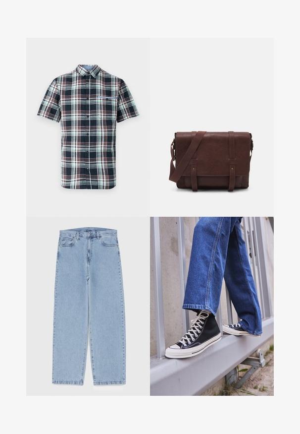 Camicia a maniche corte a quadri nei colori blu navy, verde e bordeaux, con chiusura a bottoni, colletto e una tasca sul petto. Tessuto in cotone.; Jeans in denim azzurro chiaro con design a gamba dritta, caratterizzati da una vita media, cinque tasche e chiusura con bottone e zip.; Scarpe da ginnastica nere alte con suola e lacci bianchi, abbinate a jeans di denim blu larghi, appoggiate su un parapetto grigio.; Borsa a tracolla in pelle marrone con un davanti piatto, due cinghie, dettagli in metallo dorato e una tracolla regolabile.