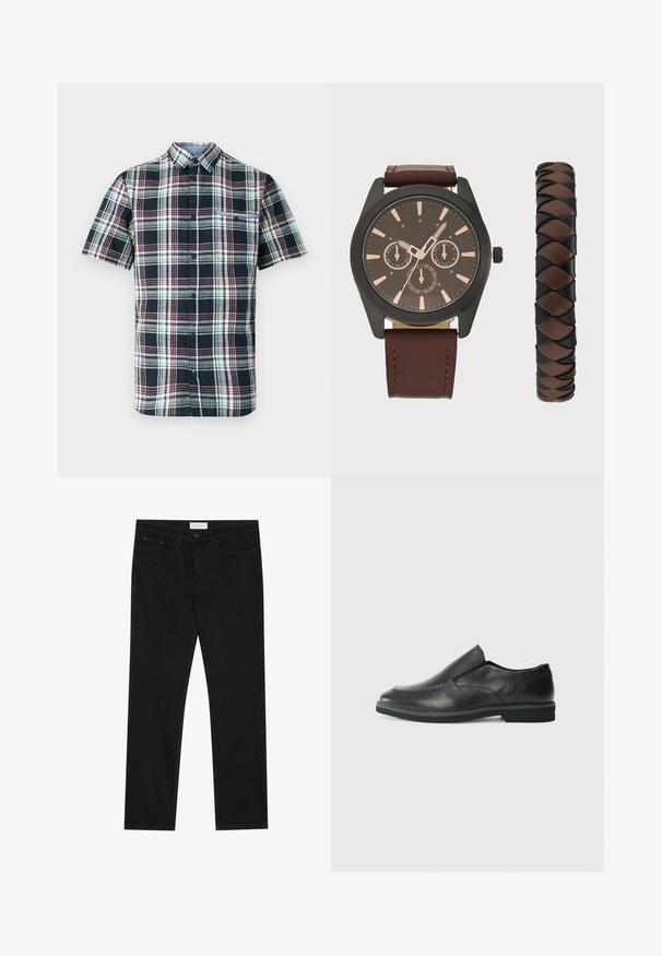 Kortärmad skjorta i rutigt mönster med färgerna marinblå, grön och röd. Har knappkrage, framficka och lättviktig tygkvalitet.; Svarta rakbenade jeans med femfickorsdesign, knappr och dragkedja, samt en Pier One-logotyp på linningen.; Svart lädersko i slip-on-modell med en slät ovandel, sömnadsdetaljer, rund tå och låg gummihäl. Sulan har minimal mönstring.; Pier One SET - Klocka - black/brown