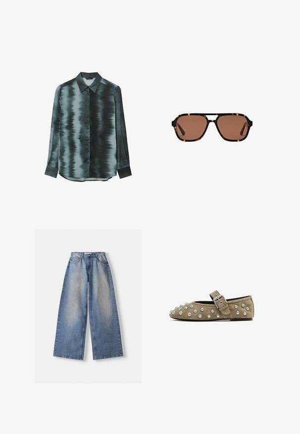 Long-sleeve, button-up shirt in gradient shades of teal and black. Smooth satin material with a pointed collar and cuffed sleeves.; Wide-leg blue denim jeans with high waist and faded details, laid flat on white background.; Suede flat shoe in taupe with metallic studs across the toe and leather strap with a silver buckle. Rounded toe and flat sole.; Brown-tinted rectangular sunglasses with tortoiseshell frame and a double bridge design on a white background.; White synthetic handbag with a triangular shape, flat front flap and bow detail, adjustable strap, smooth texture, and minimalistic design.