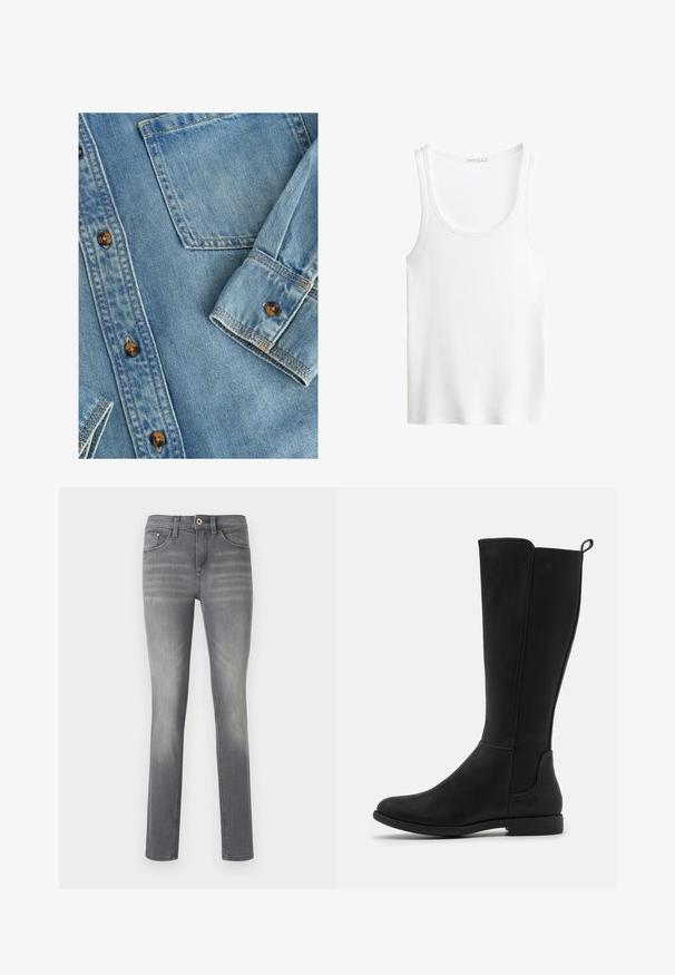 Svjetloplavi traper košulja s dugim rukavima, dugmetima sprijeda, jednim džepom na prsima i smeškanim dugmadi. Tkanina ima glatku teksturu s suptilnim izblijeđenjem.; Bela rebrasta majica s širokimi naramnicami in globokim izrezom. Mehka tkanina in šivani robovi. Preprost, oprijet dizajn.; Sive traperice s uskim krojem, s izbljeđenim pranjem, pet džepova, zatvaranjem na gumb i diskretnim detaljima šavova.; Črne čevlje do kolen iz umetnega usnja z gladko površino, elastičnimi stranskimi paneli in nizkim, ravnim podplatom za udobje.