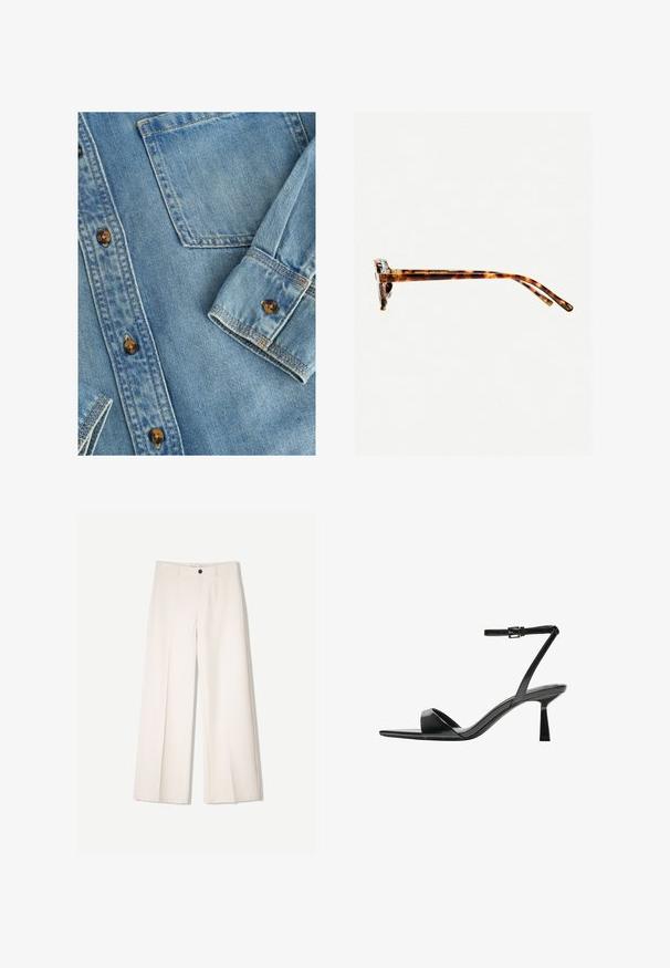 Világoskék farmering, gombos elülső résszel, egyetlen mellzsebbel és barna gombokkal. Az anyaga sima textúrájú, enyhe kopásokkal.; Tejbézs széles lábú nadrág, szabott kialakítással, két elülső zsebbel és egyetlen elülső gombos záródással, sima anyagból készült.; Bershka Magas sarkú szandálok - black; Teknőc mintás napszemüveg vastag kerettel, enyhén ívelt oldalakkal és sima felülettel. Klasszikus dizájn jellemzi, fényes kivitelben.