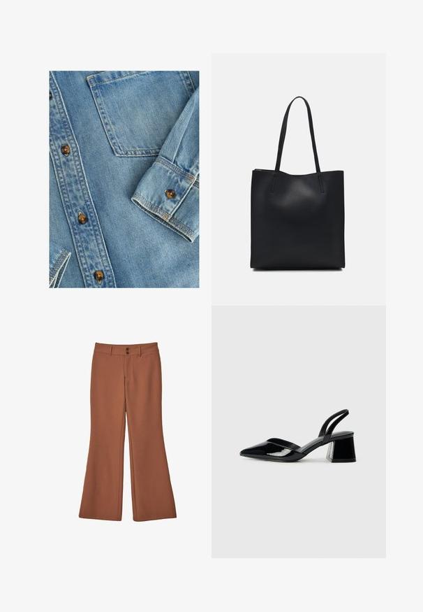 Lichtblauw denim shirt met een knoopsluiting aan de voorkant, een enkele borstzak en bruine knopen. De stof heeft een gladde textuur met subtiele vervaging.; Bruine, uitlopende broeken van zacht materiaal. Bevat twee voorknopen en heeft een gladde structuur zonder zichtbare patronen of accenten.; Zwarte gepatineerde leren slingback hakken met een spitse neus en een geometrische blokhak. Kenmerkt zich door een slank, minimalistisch ontwerp en een gladde textuur.; Zwarte leren handtas met een gladde textuur, rechthoekige vorm en twee lange handvaten. Geen zichtbare hardware of versieringen.