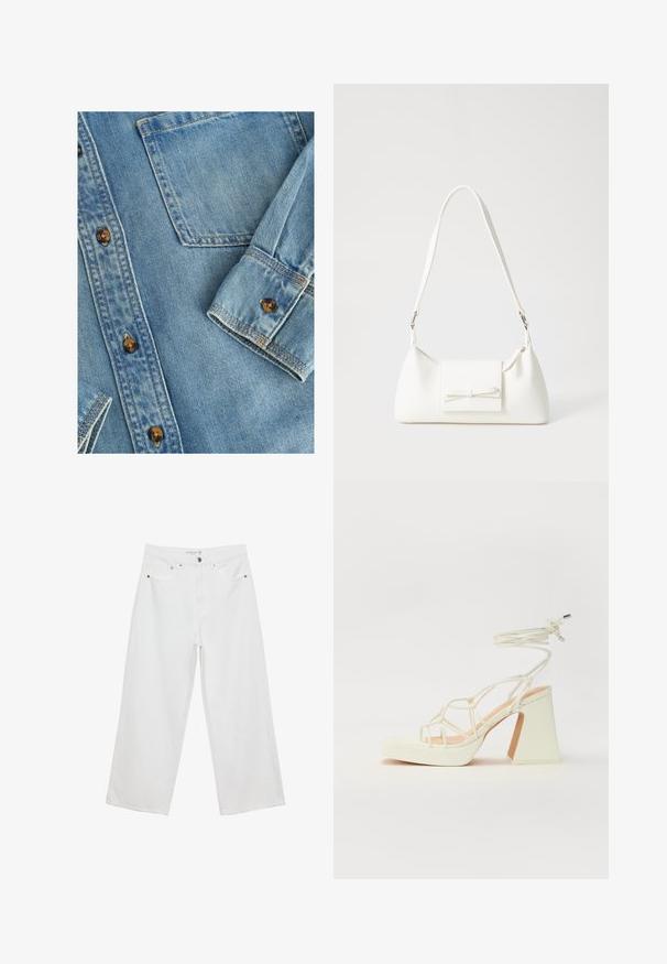 Camicia in denim azzurro chiaro con chiusura a bottoni, una tasca sul petto e bottoni marroni. Il tessuto ha una consistenza liscia con un leggero effetto sbiadito.; Jeans bianchi a gamba larga realizzati in denim con vita alta, dotati di cinque tasche e dettagli in metallo. Texture liscia, senza motivi visibili.; Sandalo bianco con tacco alto, caratterizzato da un design a cinturini e un legaccio alla caviglia. Texture liscia con una piattaforma frontale per un'altezza aggiuntiva.; Borsa sintetica bianca a forma triangolare, con patta anteriore piatta e dettaglio a fiocco, tracolla regolabile, texture liscia e design minimalista.