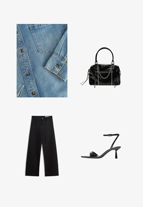 Helle blaue Denim-Hemd mit durchgehender Knopfleiste, einer einzelnen Brusttasche und braunen Knöpfen. Der Stoff hat eine glatte Textur mit dezentem Verblassen.; Schwarze weit geschnittene Jeans mit hoher Taille, ausgestattet mit Vorder- und Hintertaschen, gesteppten Nähten und einem Knopfverschluss. Glatte Textur.; Bershka High Heel Sandalette - black; Bershka WITH CHAIN - Handtasche - black