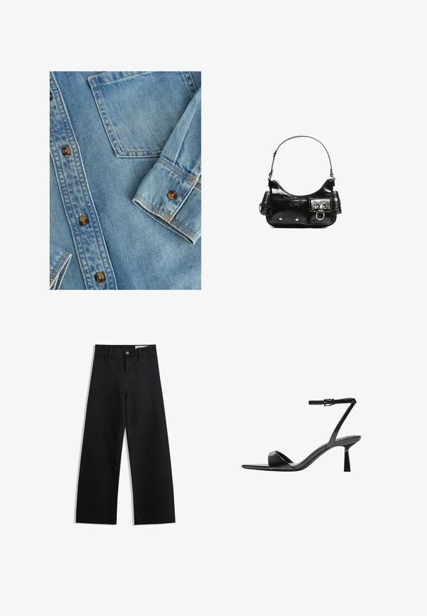 Lichtblauw denim shirt met een knoopsluiting aan de voorkant, een enkele borstzak en bruine knopen. De stof heeft een gladde textuur met subtiele vervaging.; Zwarte denim broek met wijde pijpen en een hoge taille, voorzien van voor- en achterzakken, gestikte naden en een knoopsluiting. Gladde textuur.; Bershka Sandalen met hoge hak - black; Zwarte laarzen in lakleer met een gebogen vorm, één schouderband, voorvakken en accenten in zilverkleurig metaal.