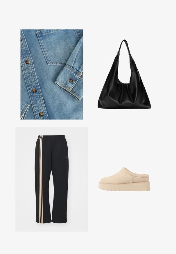 Helle blaue Denim-Hemd mit durchgehender Knopfleiste, einer einzelnen Brusttasche und braunen Knöpfen. Der Stoff hat eine glatte Textur mit dezentem Verblassen.; Schwarze Jogginghosen aus weichem Stoff, mit drei vertikalen beigen Streifen an den Seiten und einem elastischen Bund. Schlichtes Design, keine Taschen.; Beige Wildleder Slipper mit gerundeter Zehenpartie und dicker, strukturierter Plateausohle. Verfügt über minimale Nähte und ein sanftes Design.; Schwarze Leder-Hobo-Tasche mit einer weichen, geschwungenen Form. Sie verfügt über einen breiten Oberhandgriff und Falten an der Basis für eine lässige Textur.